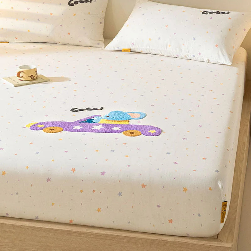 Afralia™ Cartoon Embroidered Fitted Sheet Single Bed Cover, 100% Cotton, All Seasons, Anti-Slip