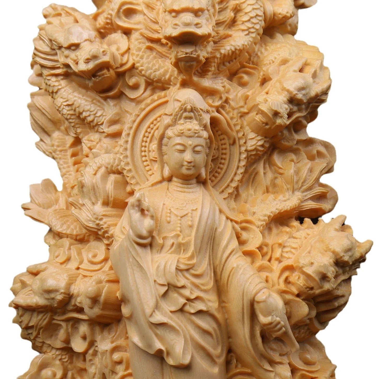 Afralia™ Wooden Carved Nine Dragons Guanyin Puxian Bodhisattva Home Decor Ornament