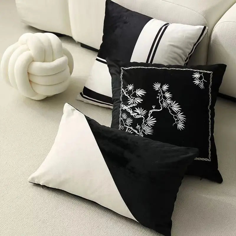 Afralia™ Embroidered Black White Minimalist Cushion Cover Light Luxury Home Decor Pillow