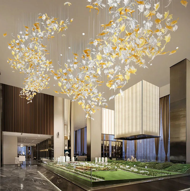 Afralia™ Maple Leaves Glass Pendant Chandelier Stairs, Modern Designer DIY Luxury Lighting
