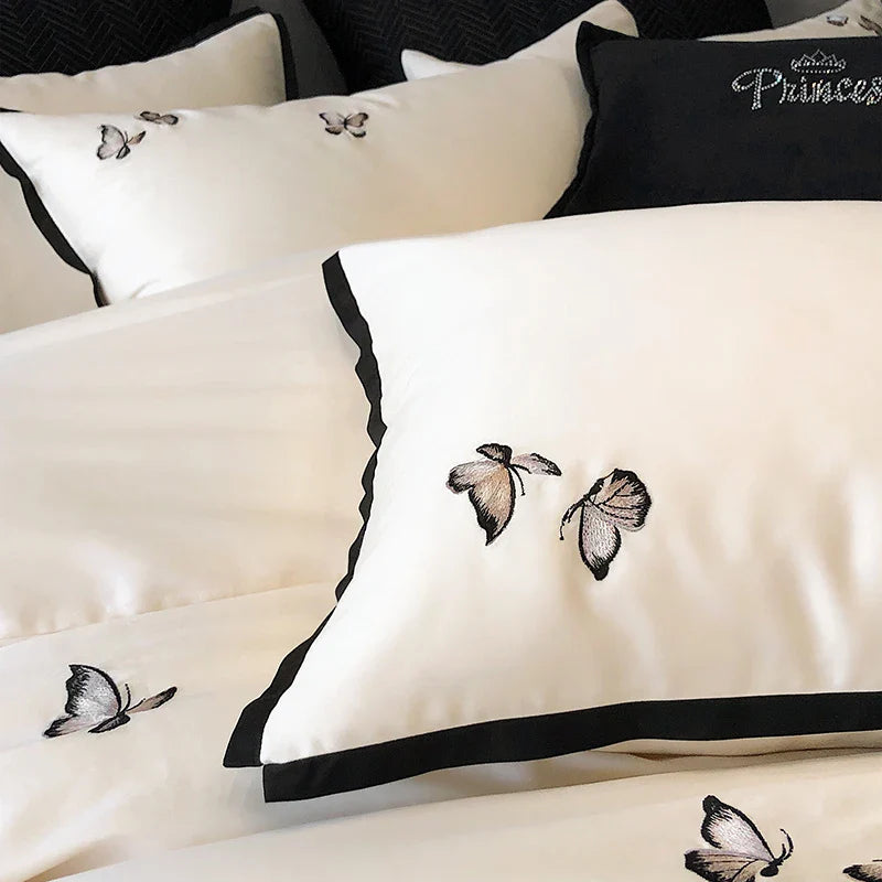 Afralia™ 600TC Egyptian Cotton Butterfly Embroidery Bedding Set: Duvet, Sheet, Pillowcases