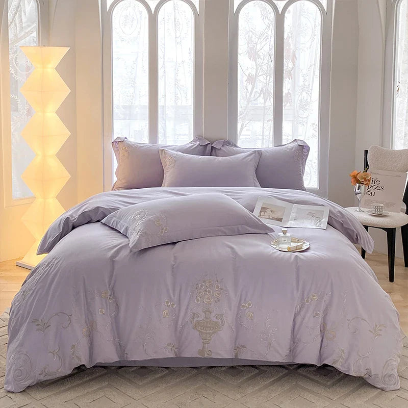 Afralia™ European Palace Style Flowers Embroidery Cotton Luxury Bedding Set with Duvet Cover, Sheets, Pillowcase