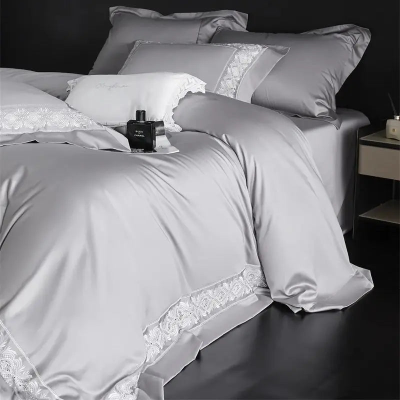 Afralia™ 1200TC Egyptian Cotton Lace Embroidery Bedding Set: 1 Duvet, 1 Sheet, 2 Pillowcases