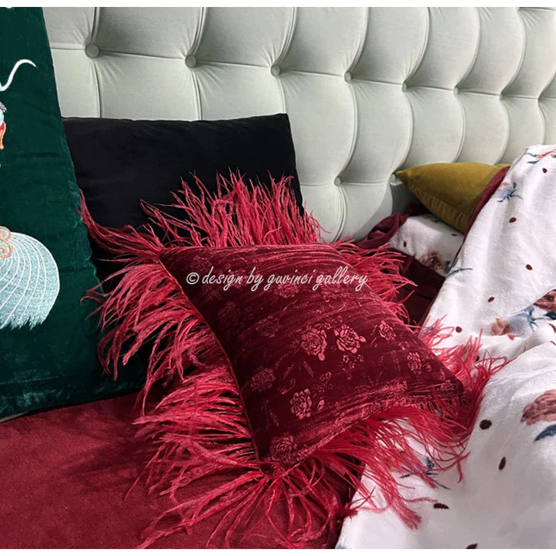Afralia™ Rose Jacquard Cushion Cover With Feather Fringing, Vintage Red Velvet, 29x29cm