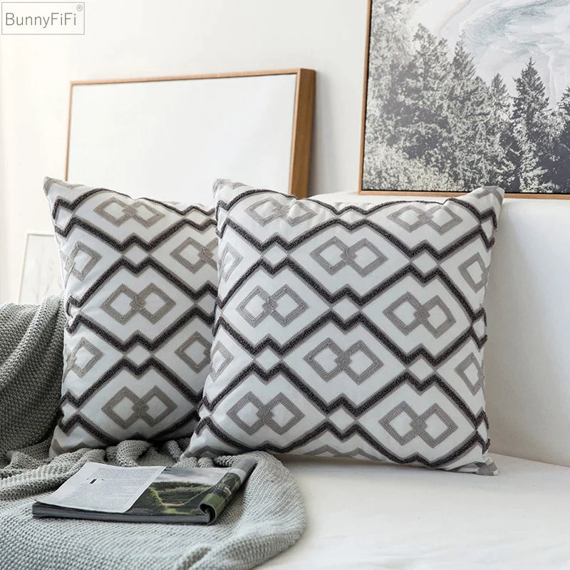 Afralia™ Geometric Embroidered Cushion Cover in Grey Canvas Cotton 45x45cm