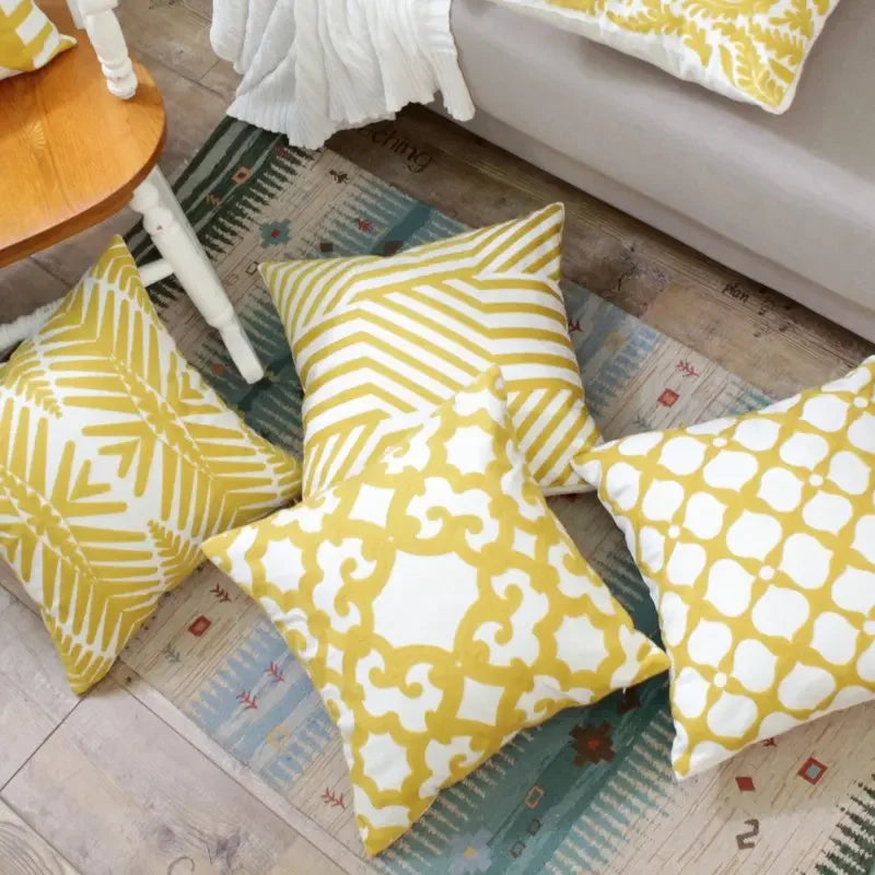 Afralia™ Yellow Geometric Floral Embroidered Canvas Cotton Pillow Cover 45x45cm