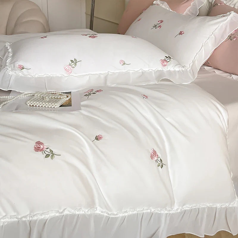 Afralia™ Rose Flowers Embroidery Lace Ruffles White Bedding Set - 100% Cotton Duvet Cover, Bed Sheet, Pillowcase