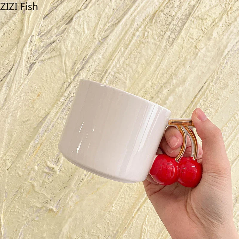Afralia™ Cherry Handle Mug: White Ceramic Tea & Coffee Cup for Dining Table