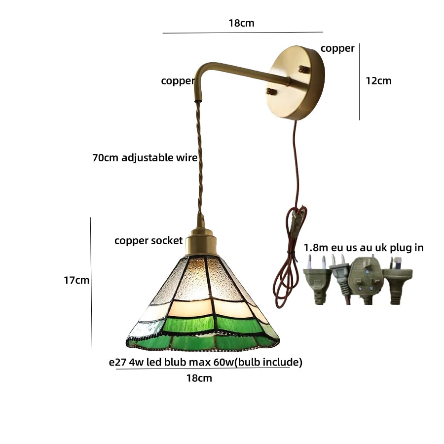Afralia™ Tiffany Glass LED Wall Sconce | Adjustable Wire Fixture | Modern Pull Chain Switch