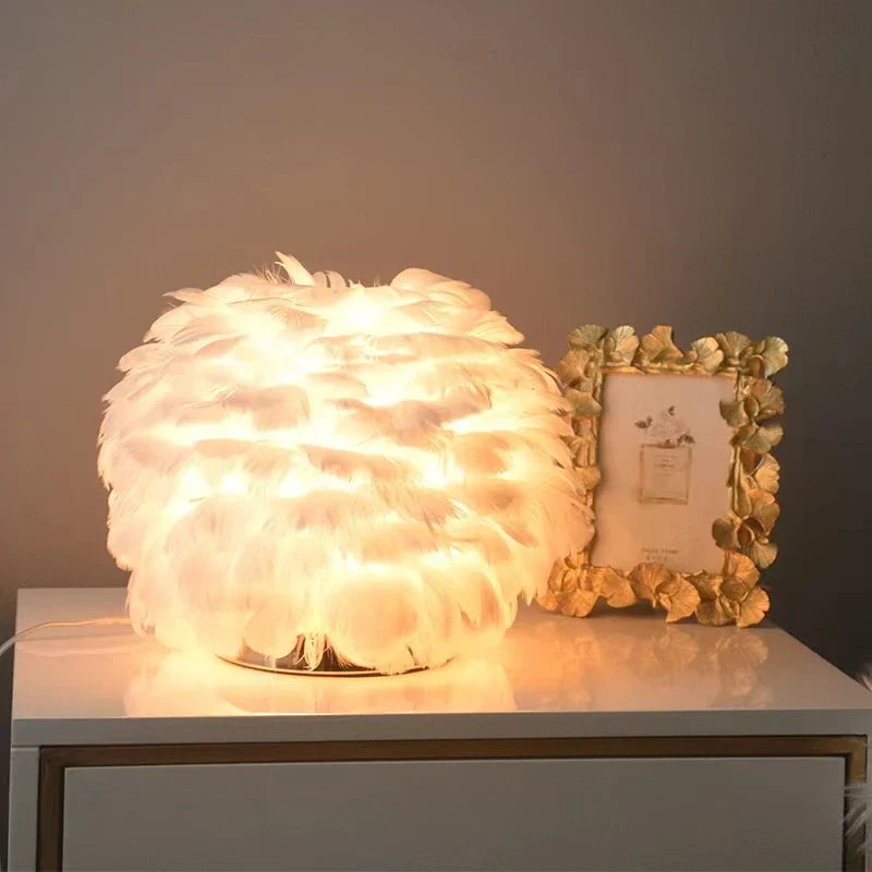 Afralia™ Feather Lampshade E27 Bedside Lamp for Romantic Home Decor