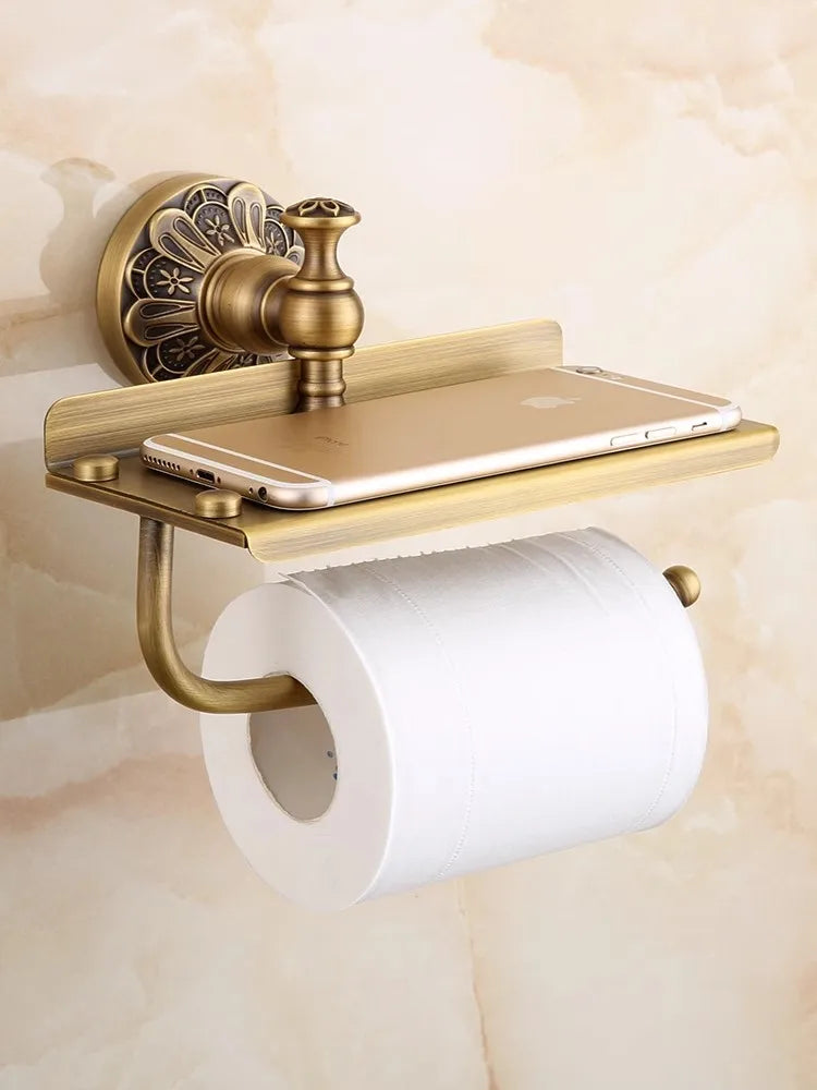 Afralia™ Brass Bathroom Hardware Set: Shelf, Toilet Brush Holder, Paper & Towel Holder