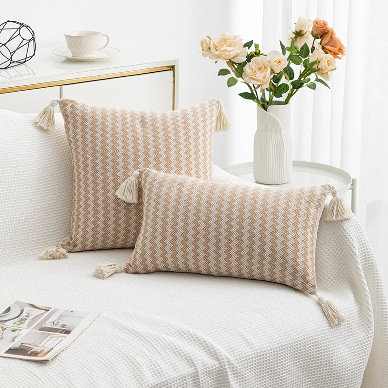 Afralia™ Jacquard Woven Cushion Cover with Tassels - Modern Minimalist Striped Design