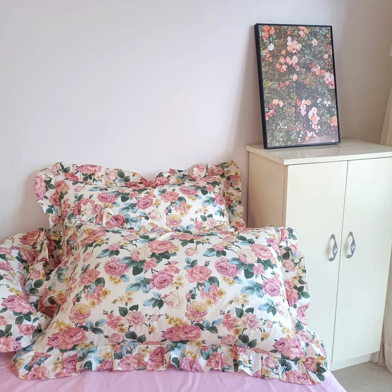 Afralia™ Vintage Rose Flowers Lace Ruffles Cotton Girl Bedding Set - 1 Duvet, 1 Sheet, 2 Pillowcases