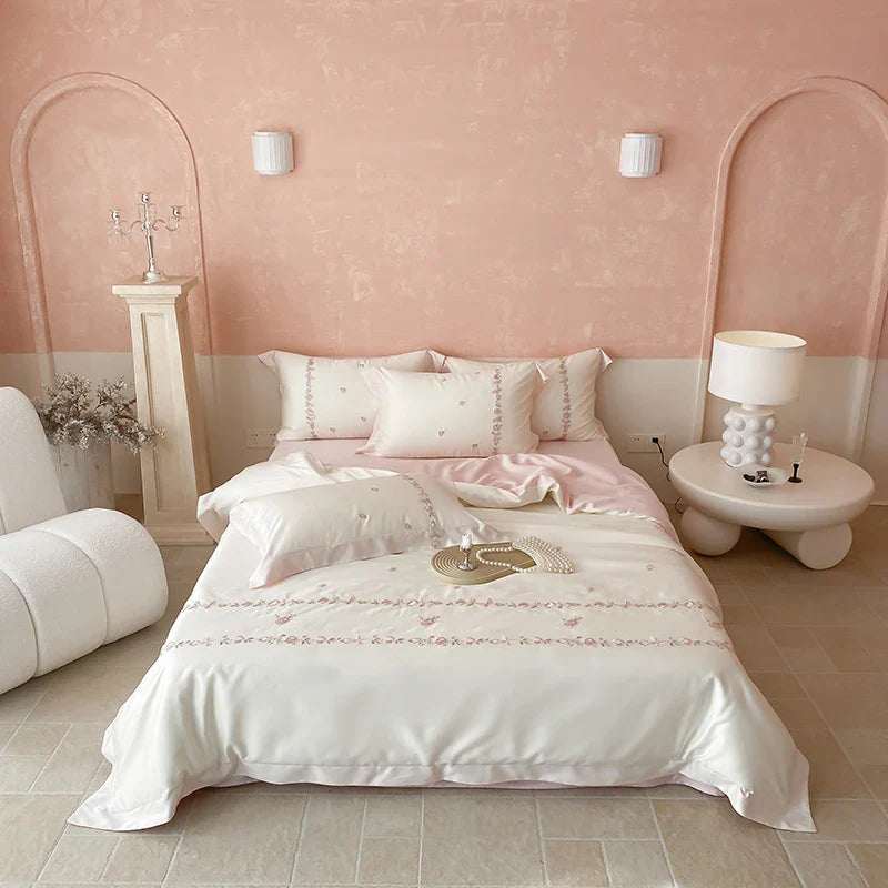 Afralia™ Rose Flowers Embroidery Bedding Set - Soft Lyocell Cotton, Silky Duvet Cover, Sheet, Pillowcases