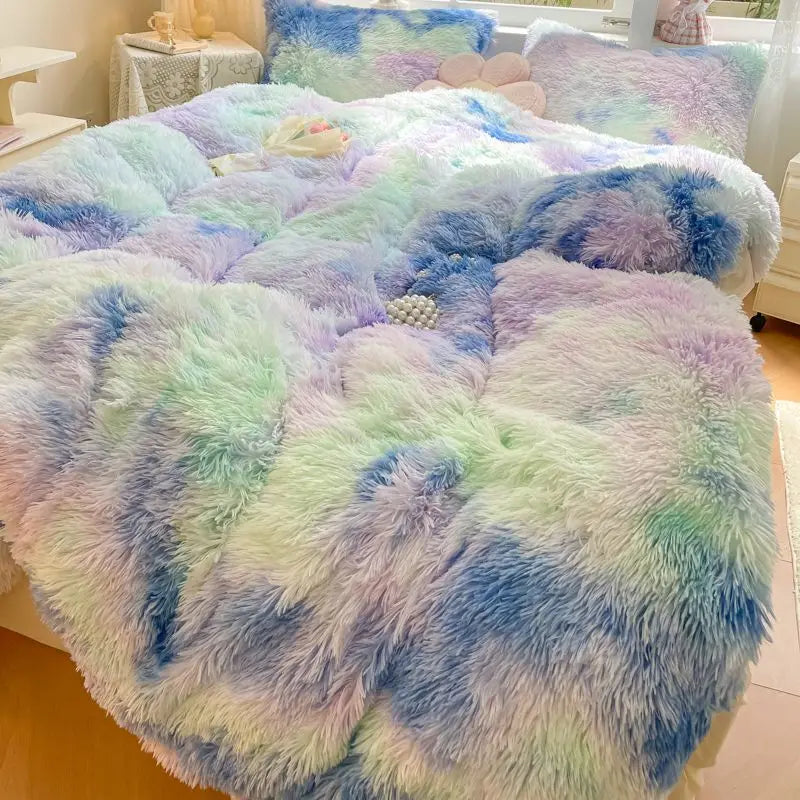 Afralia™ Shaggy Faux Rabbit Fur Bedding Set: Cozy Gradient Coral Fleece Quilt, Duvet Cover, Pillowcases