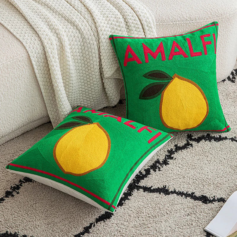 Afralia™ Embroidered Lemon Cushion Cover | Ins Style Green Pillowcase Home Decor