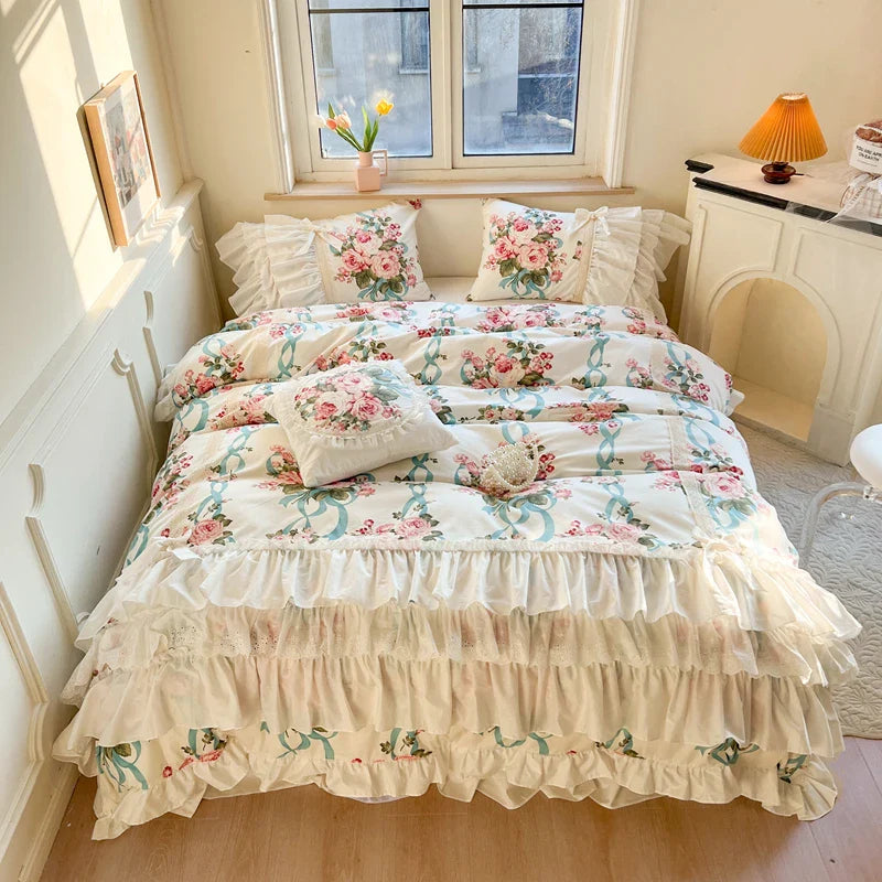 Afralia™ Princess Bedding Set with Lace Ruffles and Flowers