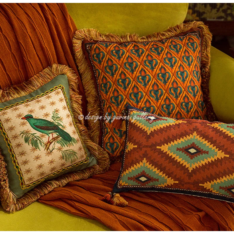 Afralia™ Velvet Aztec Geometric Fringed Pillow Cover 45x45cm - Luxury Home Decor