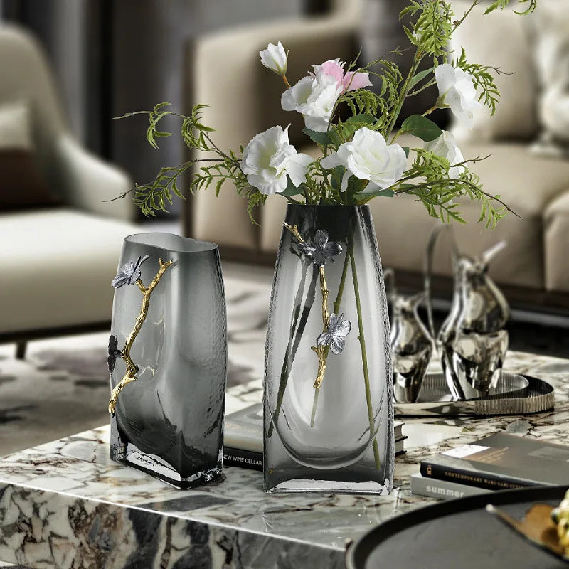 Afralia™ Smoke Gray Glass Flower Vase Living Room Sample Soft Decoration Ornament