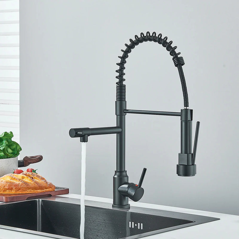 Afralia™ Brass Kitchen Sink Faucet: Pull Down Dual Spout, 360 Rotation, Hot/Cold Mixer, 2 Modes