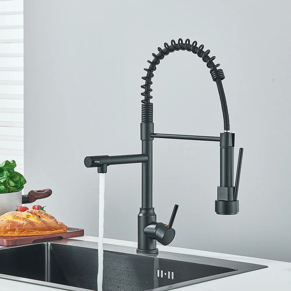 Afralia™ Brass Kitchen Sink Faucet Pull Down Mixer Tap with Dual Spout Rotation
