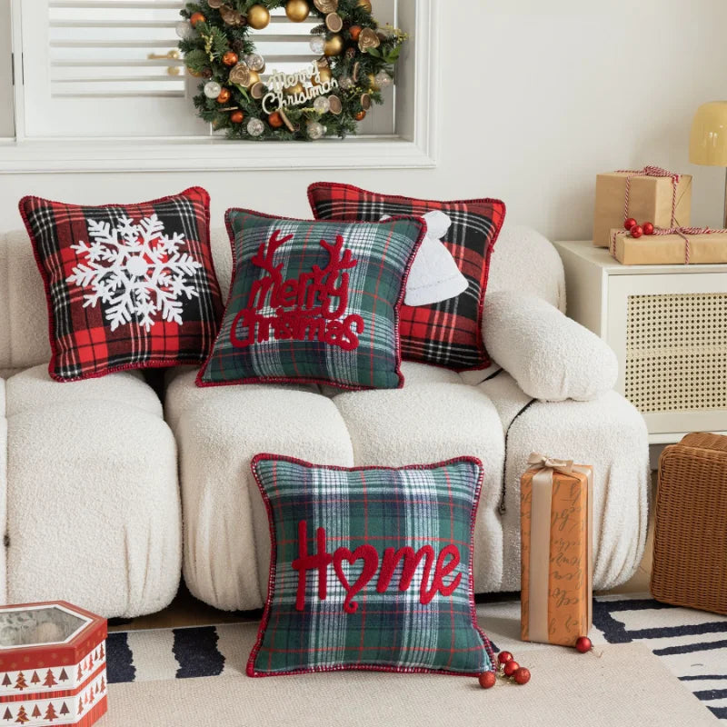 Afralia™ Plaid Christmas Embroidery Cushion Cover - Festive Home Decor