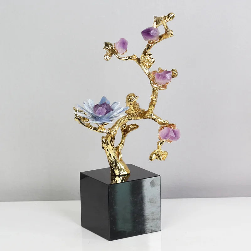 Afralia™ Golden Tree Crystal Flower Brass Amethyst Decor with Golden Bird Figurines
