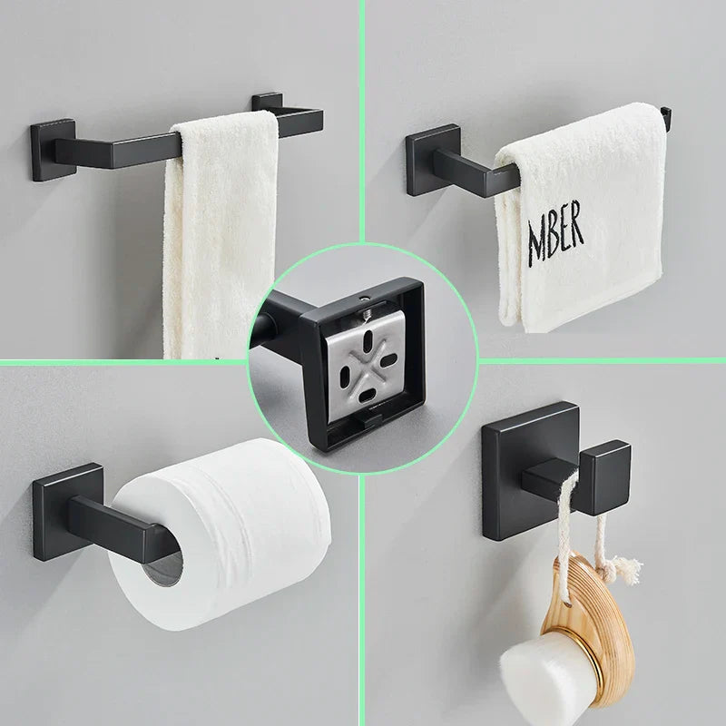 Afralia™ Black Bathroom Set: Towel Holder, Paper Holder, Gold Rod, Robe Hook - Stainless Steel Accessories