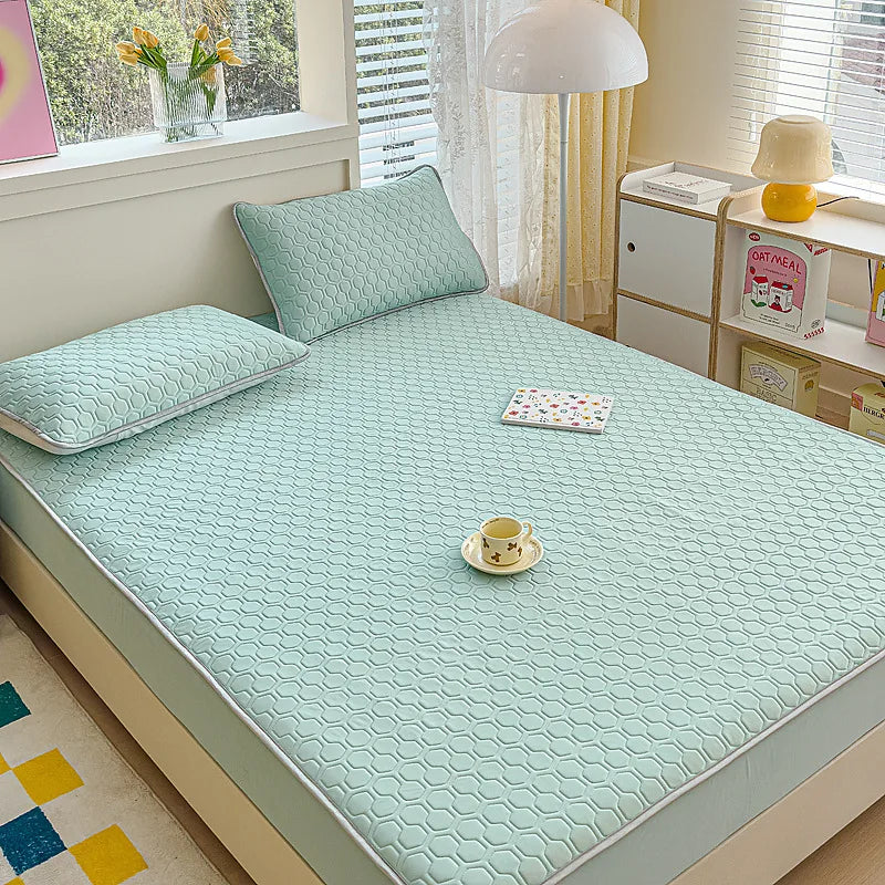 Afralia™ Cool Silk Latex Fitted Sheet Set with Pillowcases, Summer Ice Silk, Single Double Bed