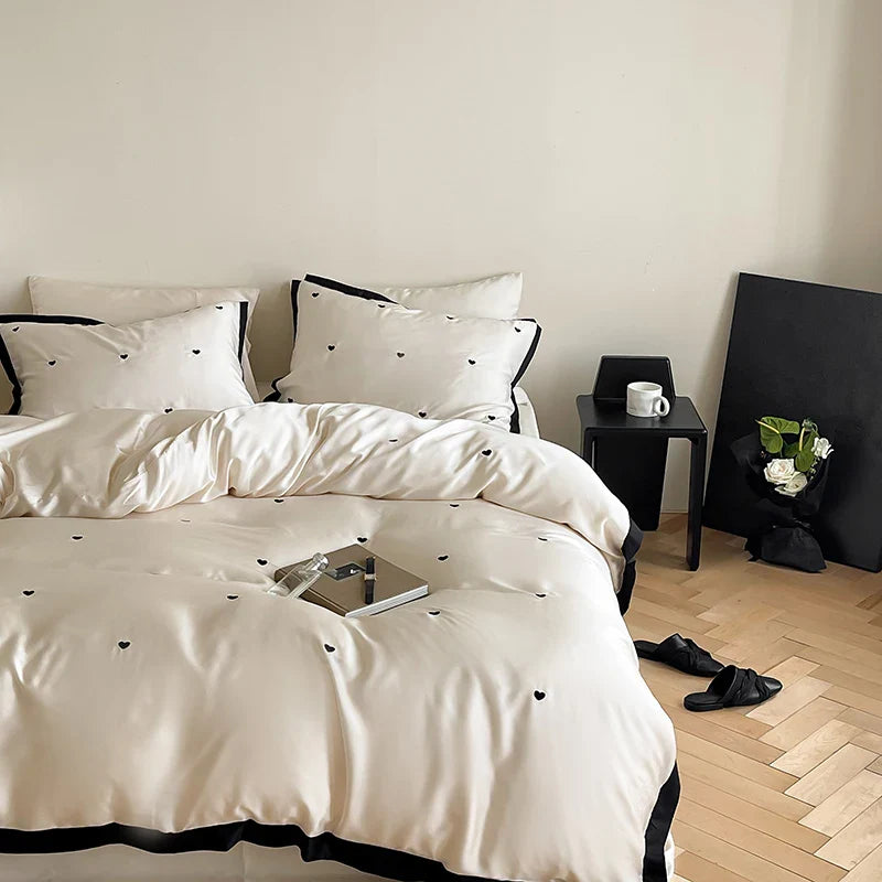 Afralia™ Luxe Heart Embroidered Bedding Set: 100% Lyocell Duvet Cover Set with Sheets