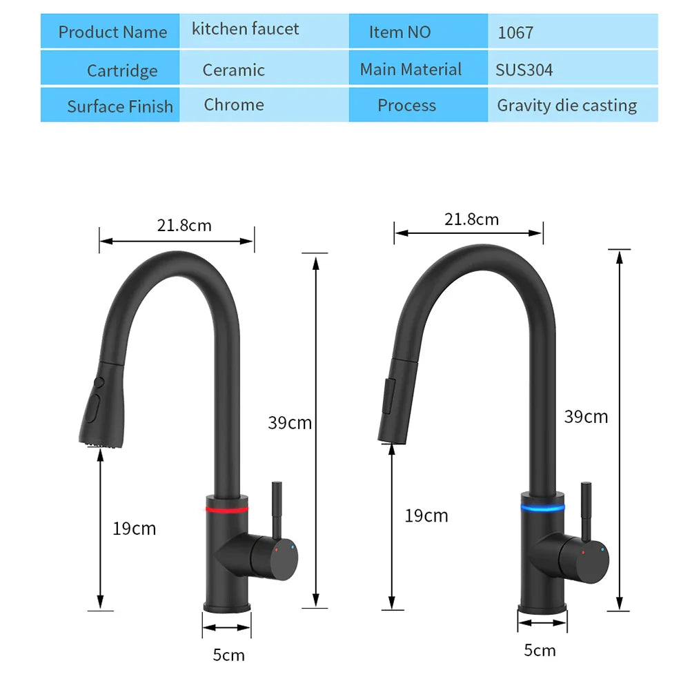 Afralia™ Smart Touch Black LED Kitchen Faucet Rotate Sink Mixer Tap