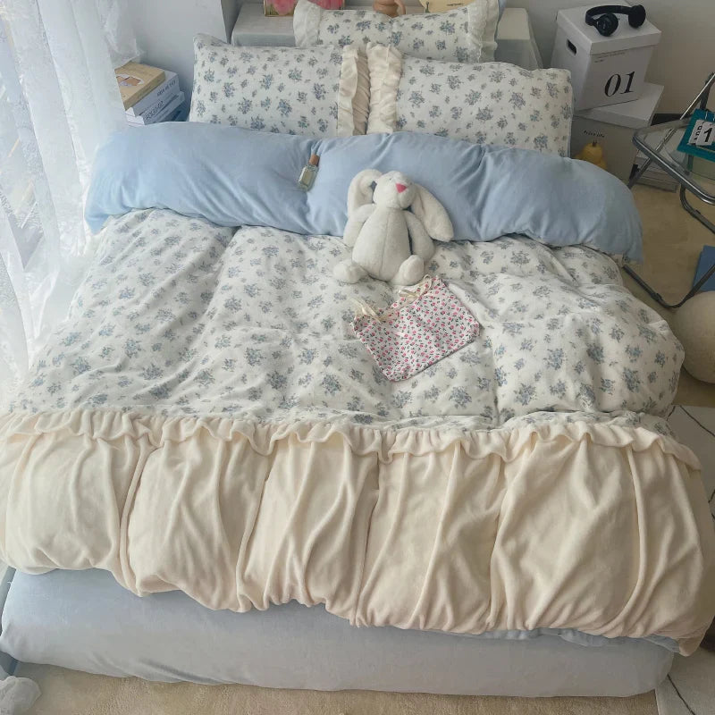 Afralia™ Vintage French Lace Ruffles Bedding Set with Winter Warm Velvet, Single Queen King Size