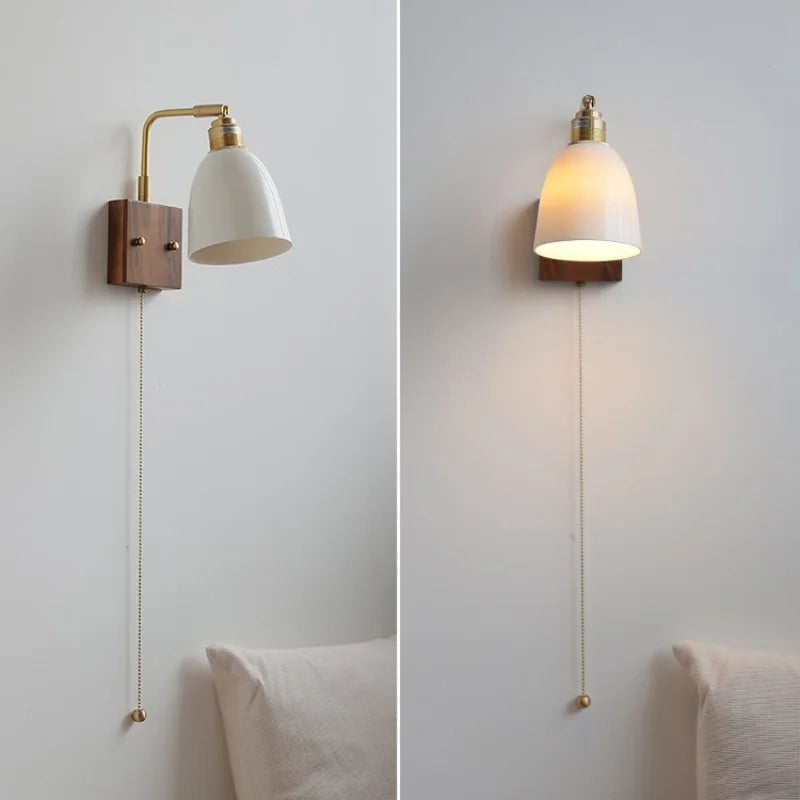 Afralia™ Nordic LED Wall Lights Pull Chain Switch Bedside Lamp Walnut Ash Glass Copper