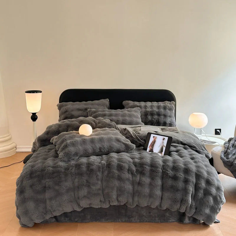 Afralia™ Faux Rabbit Fur Bedding Set, Velvet Plush, Soft & Luxurious 4Pcs