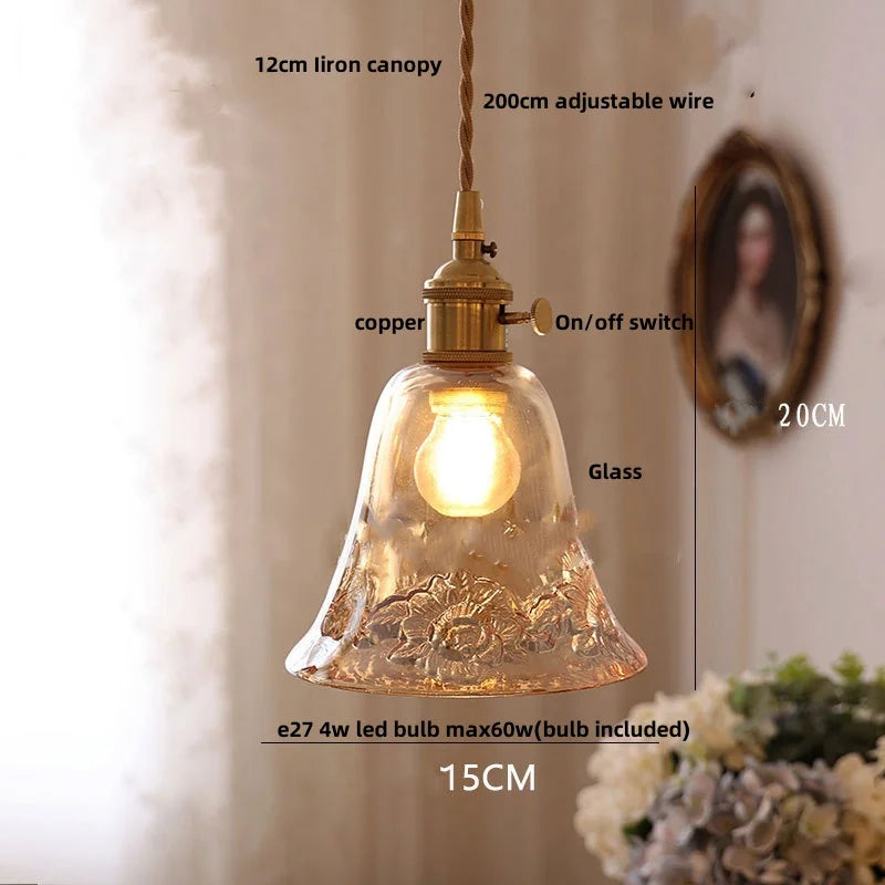 Afralia™ Flower Glass LED Pendant Lamp Brass Knob Switch Adjustable Wire Dining Room Lighting