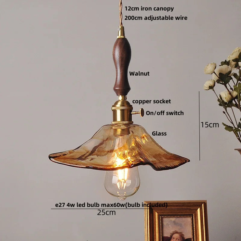 Afralia™ Amber Glass LED Pendant Light Fixture, Vintage E27 Copper Hanging Lamp