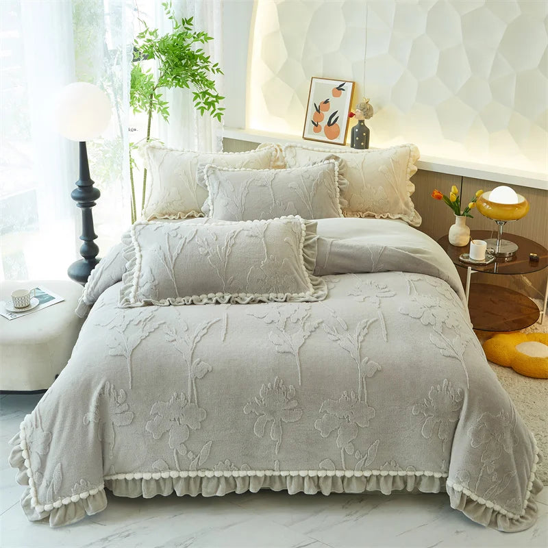 Velvet Ruffles Luxury Bedding Set by Afralia™: 3D Carved Plush Duvet Cover, Bed Sheet, Pillowcase