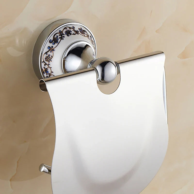 Afralia™ Wall Mount Toilet Paper Holder Metal Chrome Silver Blue & White Porcelain Bathroom Accessories