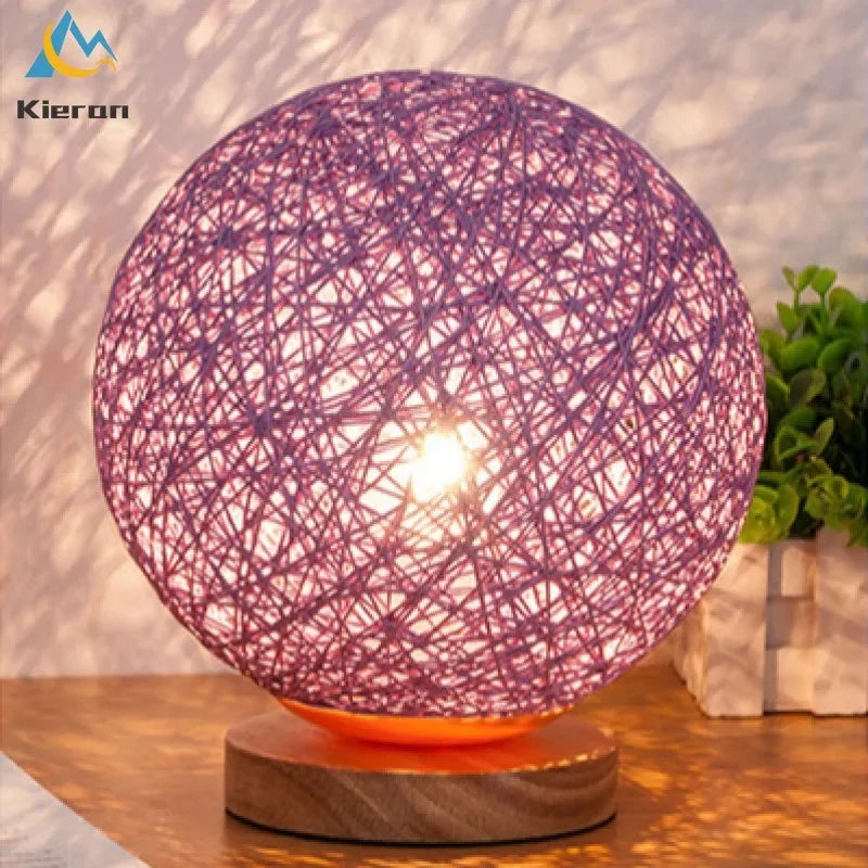 Afralia™ Rattan Ball Solid Wood LED Table Lamp for Living Room and Bedroom