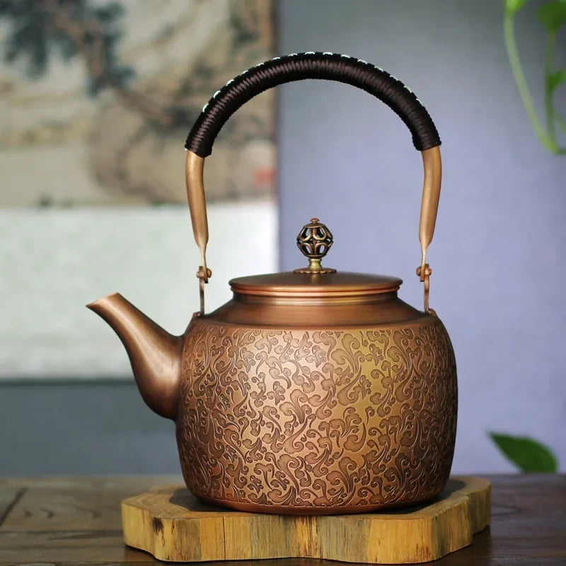 Afralia™ Vintage Copper Teapot 2L Gas Stove Charcoal Boiler Tea Set