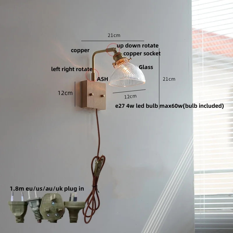Afralia™ Walnut Wood LED Wall Sconce with Glass Shade & Pull Chain Switch