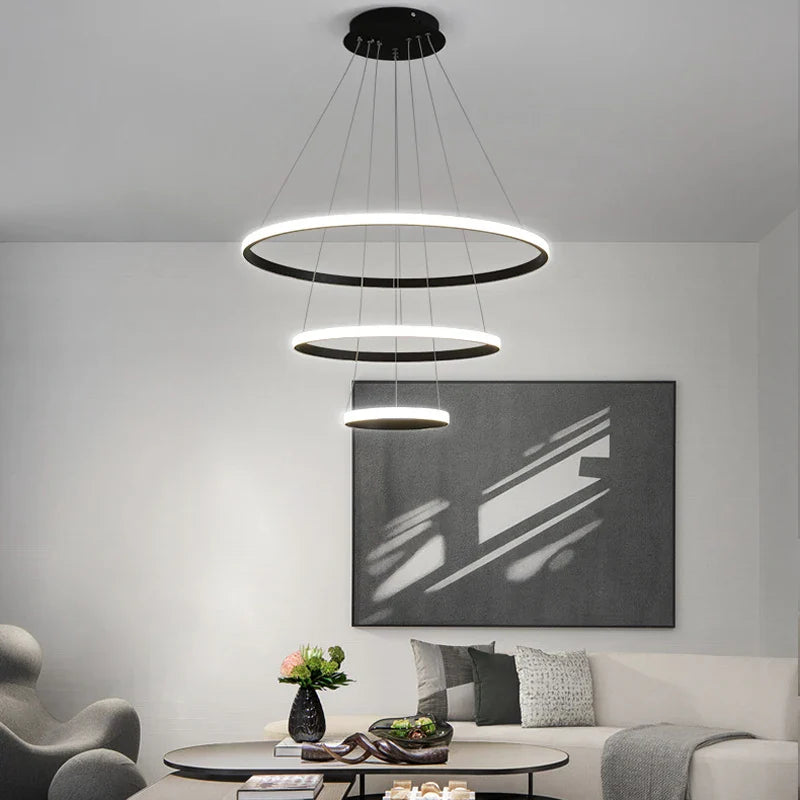 Afralia™ Modern Black LED Rings Circle Ceiling Pendant Chandelier for Living Room