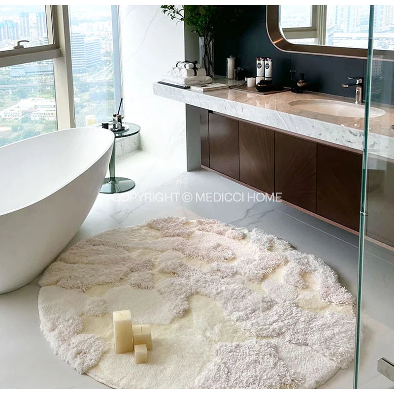 Afralia™ White Moonlight Circular Rug - Handmade Luxury 3D Carpet for Bathroom and Bedside