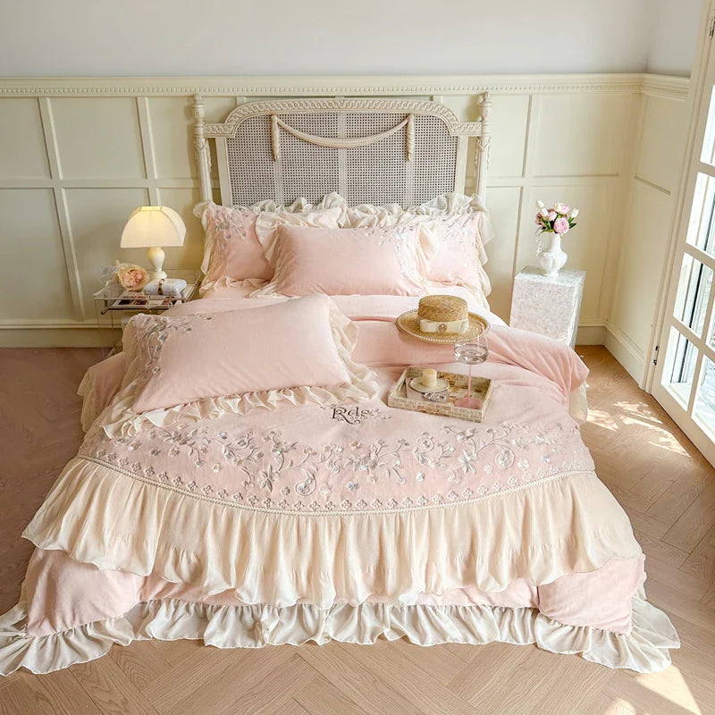 Afralia™ Pink Lace Ruffles Bedding Set, Velvet & Fleece Duvet Cover, Soft Bed Sheet, Pillowcases