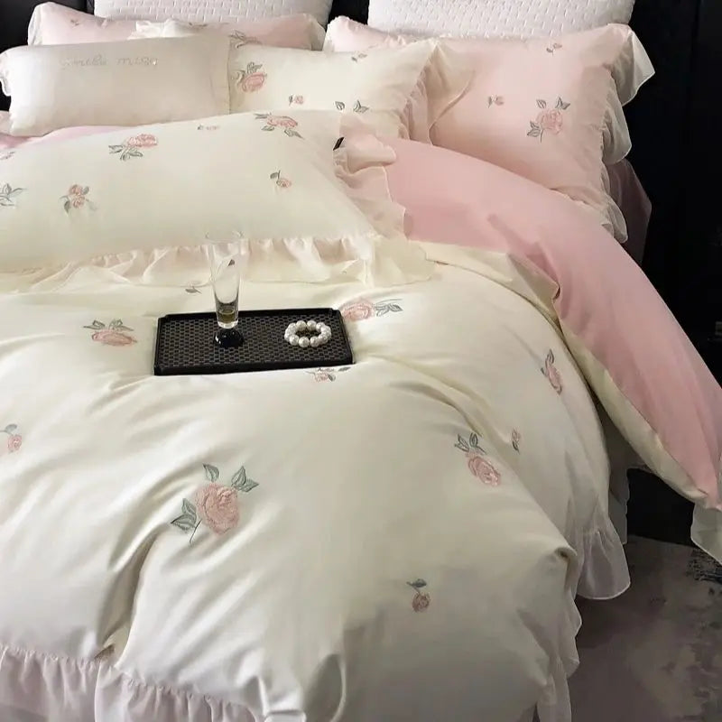 Afralia™ Rose Flowers Cotton Lace Ruffles Wedding Bedding Set