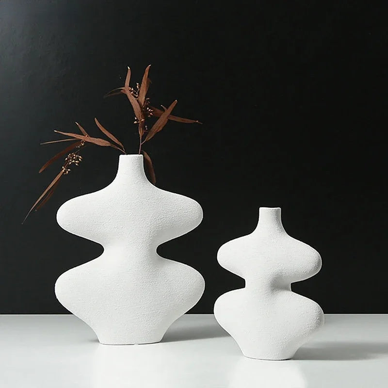 Afralia™ Geometric Ceramic Vase Set Black White Crafts Home Decor Flower Arrangement