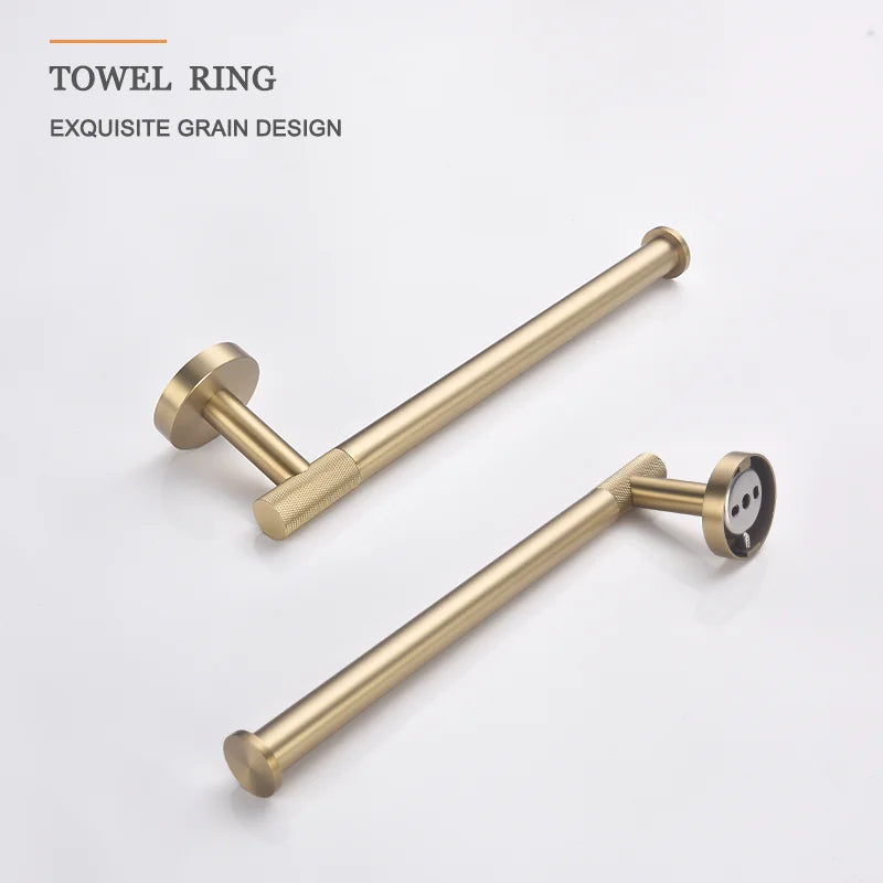 Afralia™ Brushed Gold Brass Bathroom Accessories Set: Hand Towel Bar, Toilet Paper Holder, Robe Hook