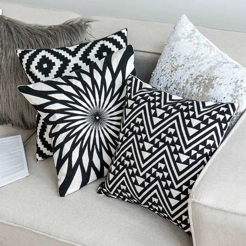 Afralia™ Black White Embroidered Cushion Cover 45x45cm Sofa Bed Chair Home Decor