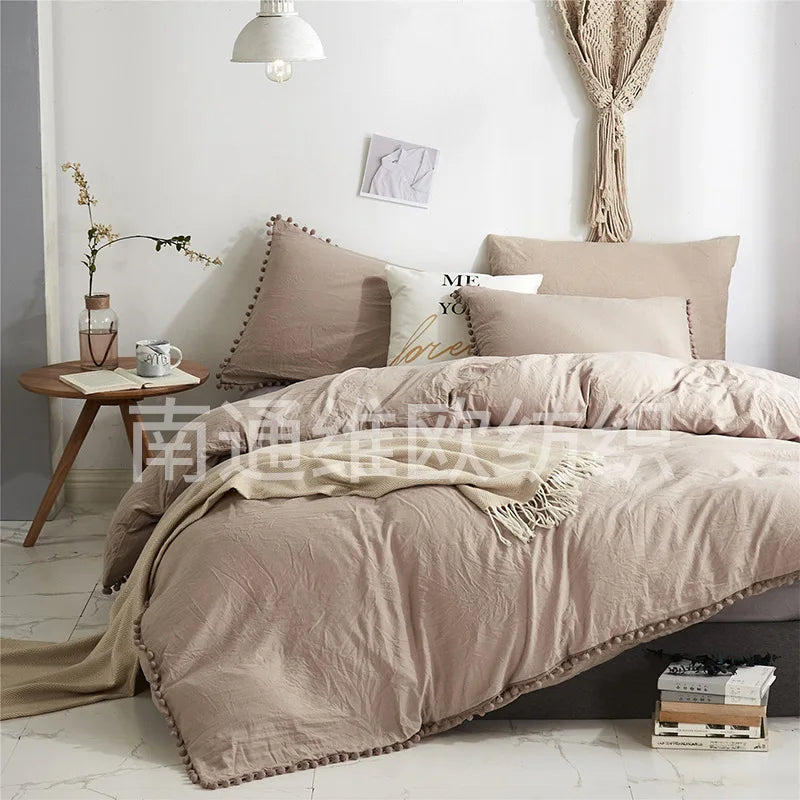 Afralia™ Pom-Pom Duvet Cover Set with Solid Color Design, Available in Various Sizes.