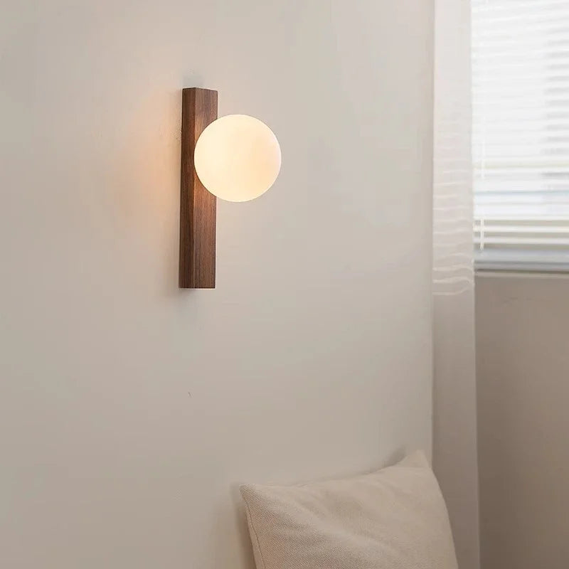 Afralia™ Walnut Wood and Glass Sphere Wall Sconce, Wabi-sabi Modern Style